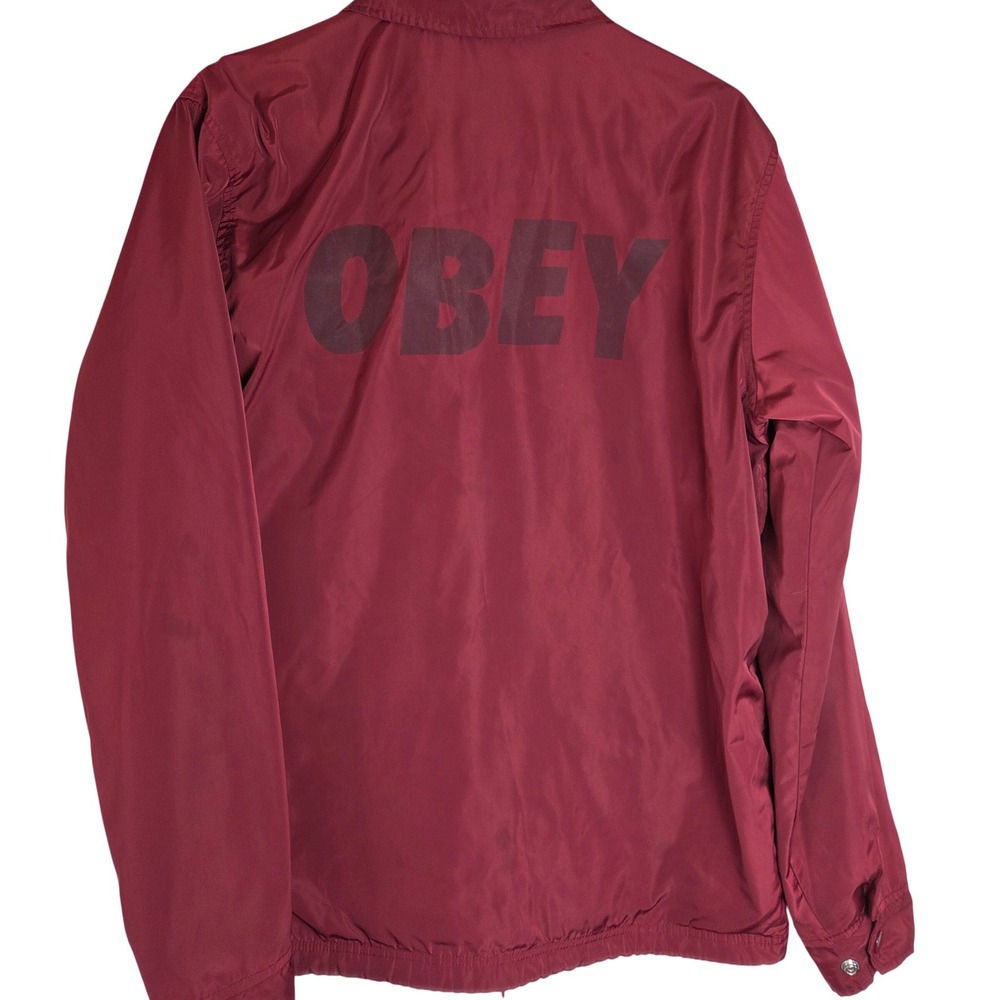 Obey Coaches Jacket Burgundy Snap Front Windbreaker Men's M Logo